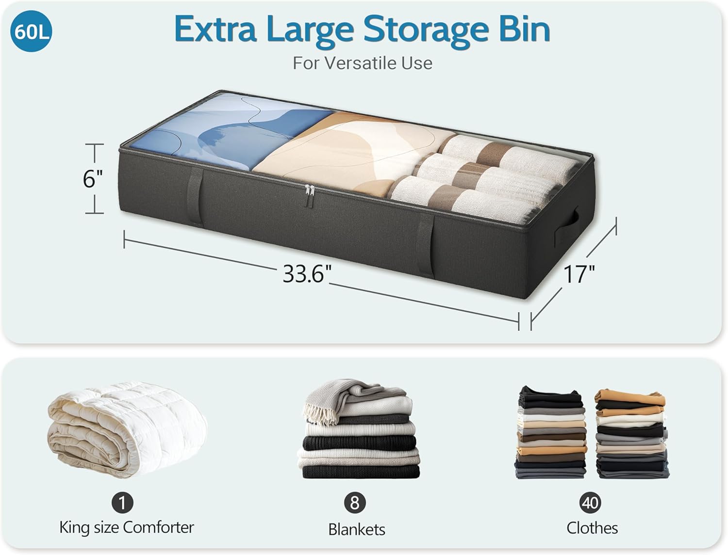 2-Pack Under Bed Storage, 6 Inches Tall Closet Organizers and Storage Bins with Sturdy