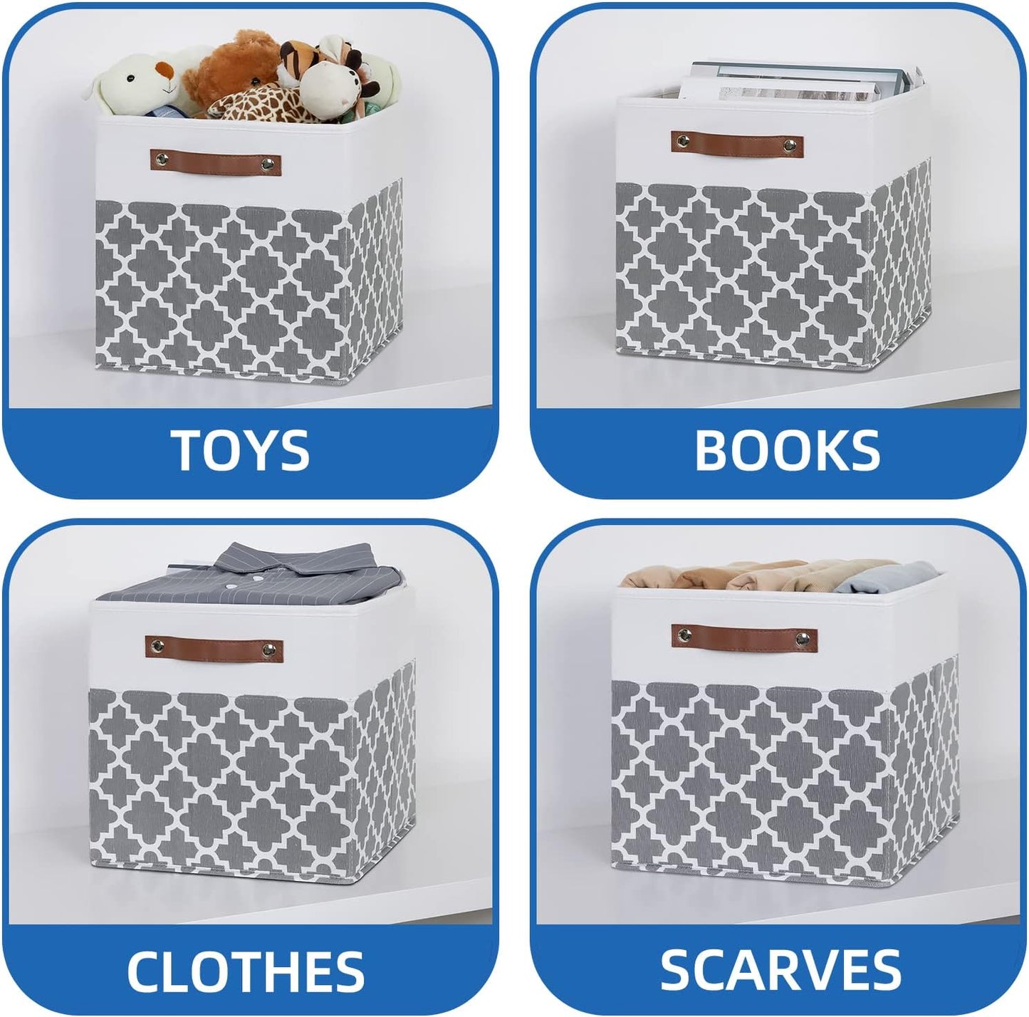 Temary 12x12x12 Fabric Storage Bins 4 Pack with Leather Handle, Foldable Cubes Storage Box Baskets
