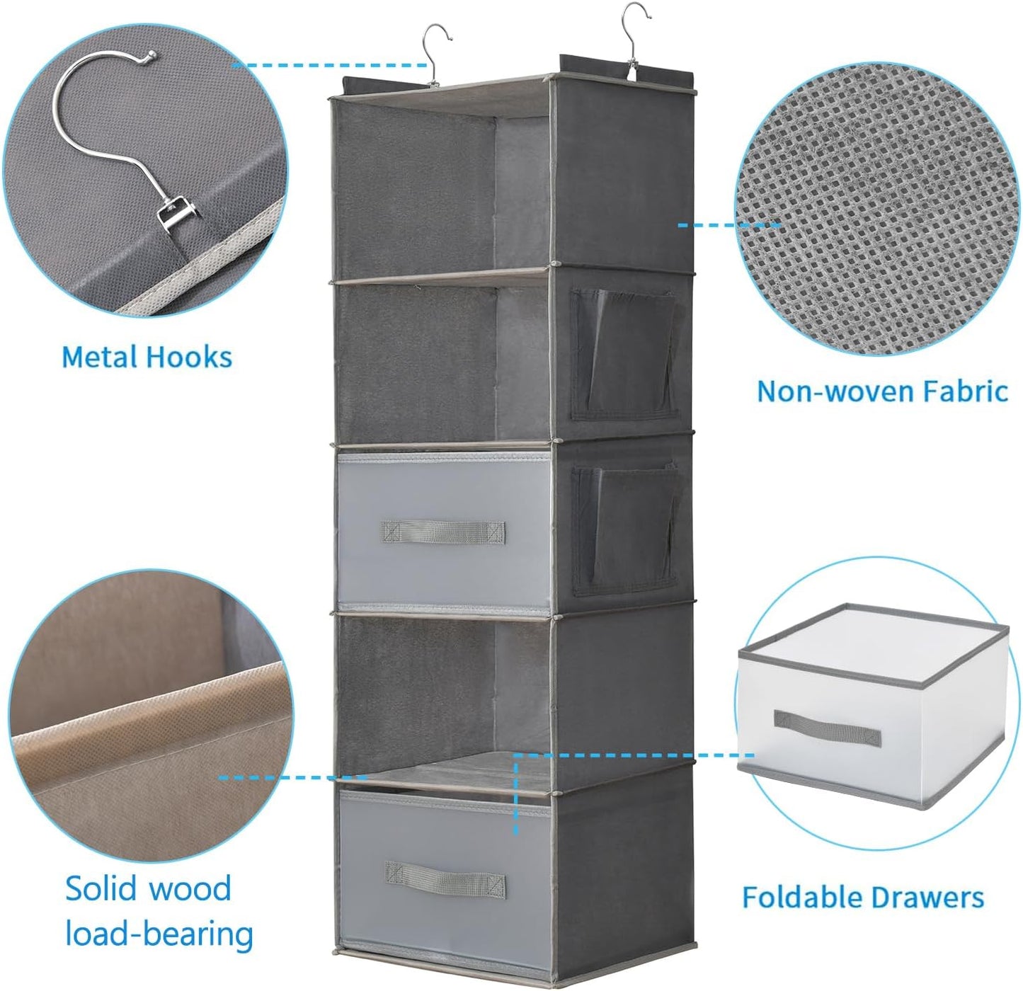5-Tier Hanging Organizer for Closet, Fabric Closet Organizer with 2 Hooks, 2 Pull-Out Drawers