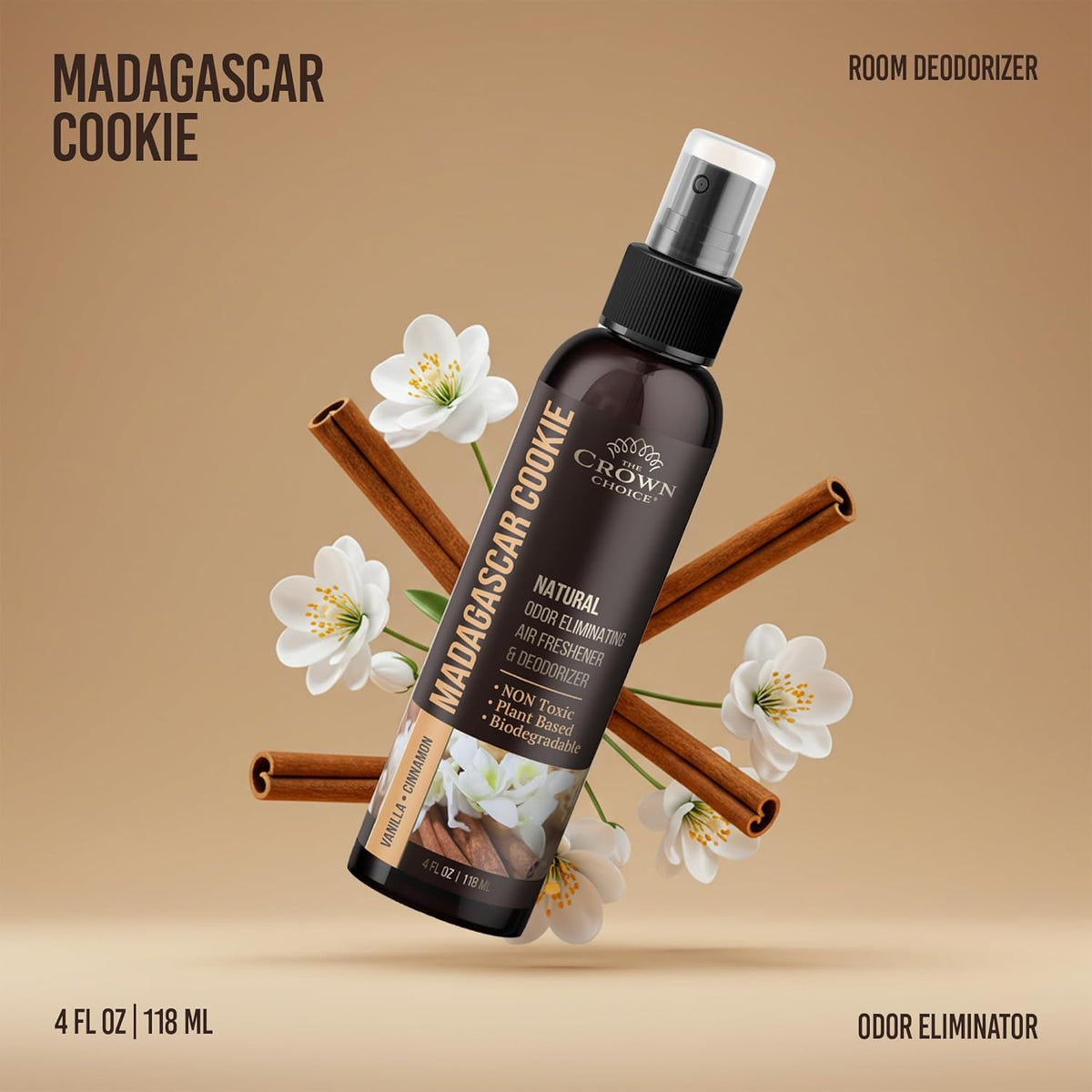 Non-Toxic Odor Eliminator, Natural Vanilla & Cinnamon Air Freshener Spray for Home, Room, Closet &