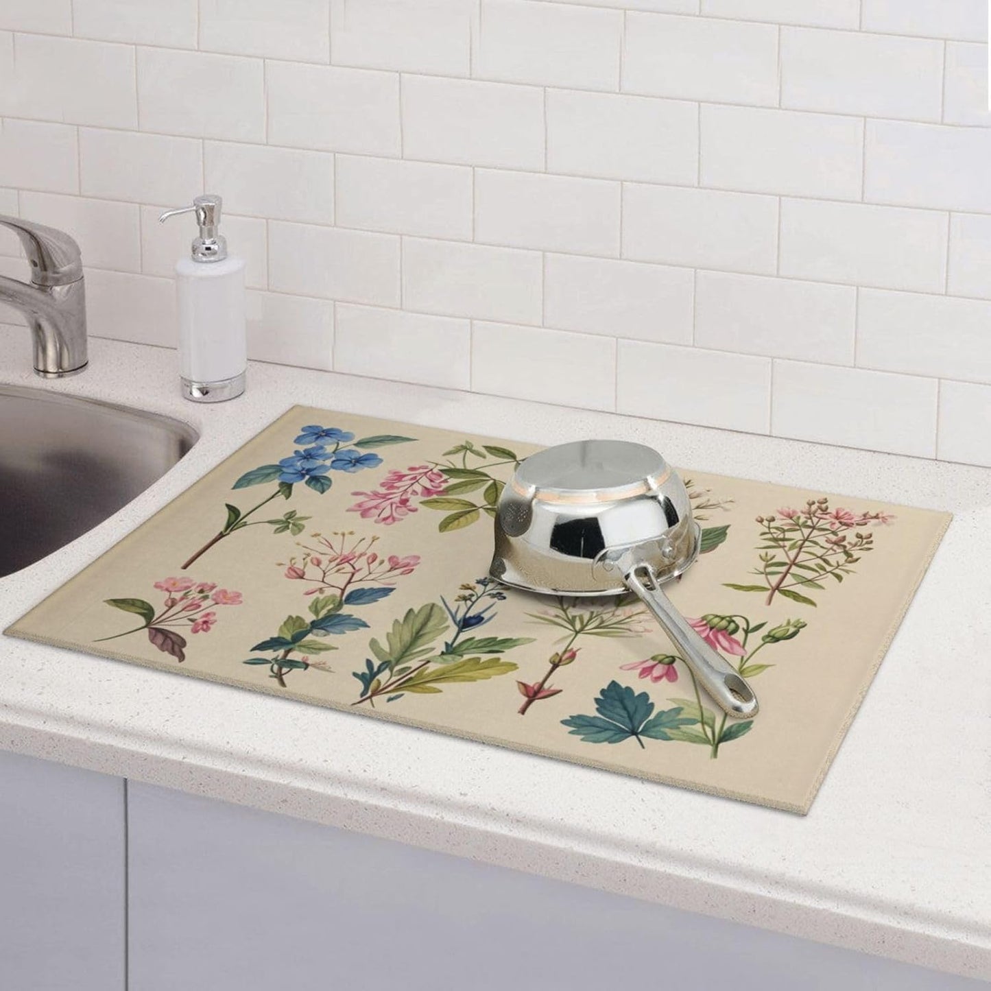 Vintage Plants Herbs Floral Dish Drying Mat Highly Absorbent Double-Sided Microfiber with Hanging