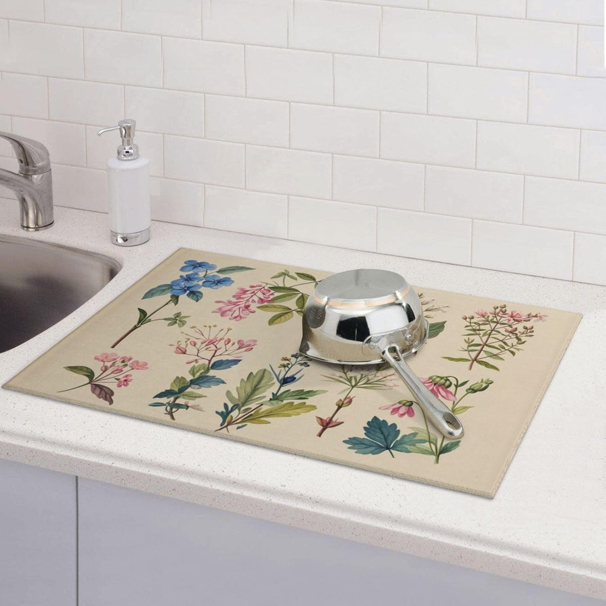 Vintage Plants Herbs Floral Dish Drying Mat Highly Absorbent Double-Sided Microfiber with Hanging