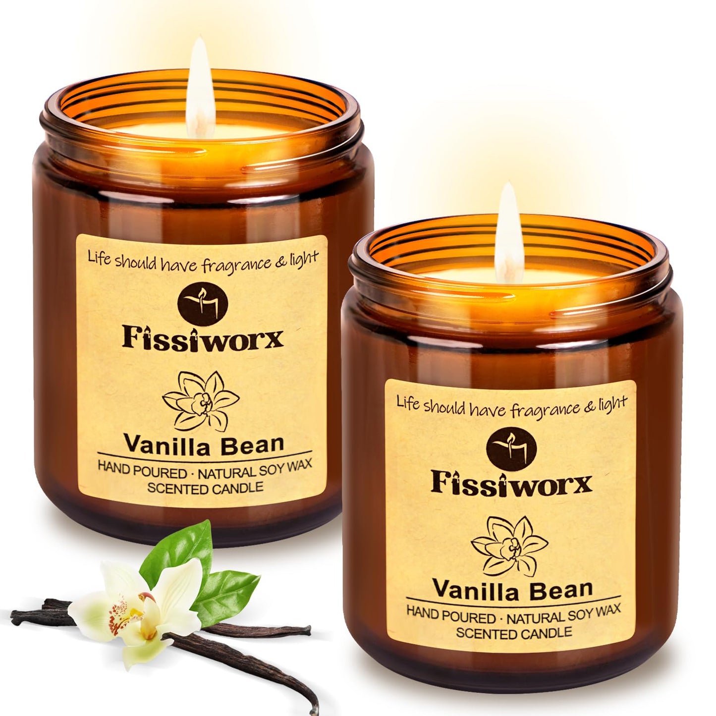 Fissiworx Vanilla Scented Candle Set 2 Pack, Candle for Home Scented, Odor Eliminating, Stress