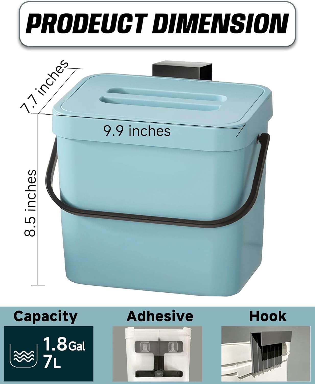 Kitchen Compost Bin - 1.8 Gallons Hanging Trash Can with Lid for Kitchen Cabinet Door, Under Sink