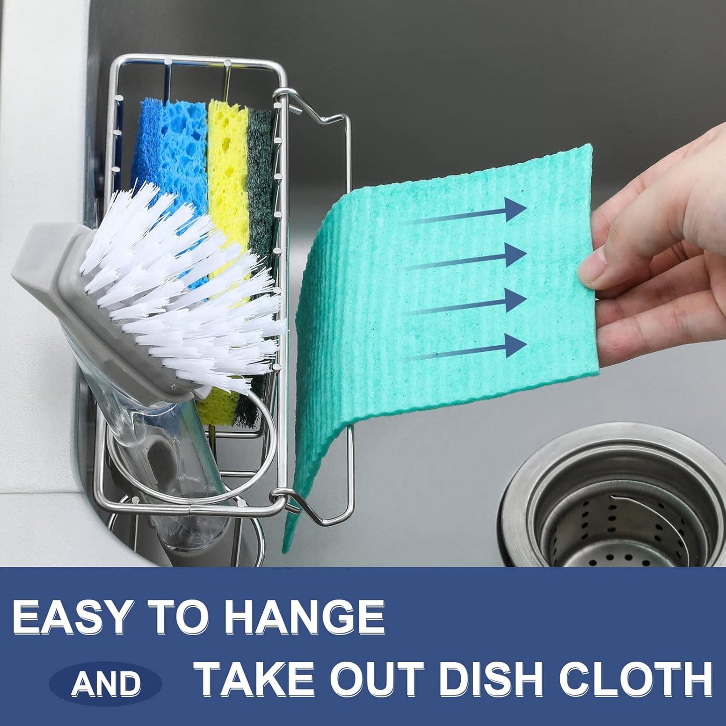 3-In-1 Sponge Holder for Kitchen Sink with Suction Cups & Adhesive Hook, In-sink Sponge Holder