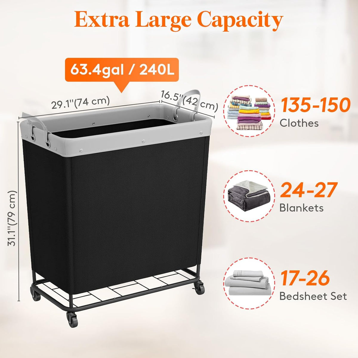 Lifewit 240L Laundry Basket with Wheels, Large Heavy Duty Commercial Rolling Laundry Hamper with