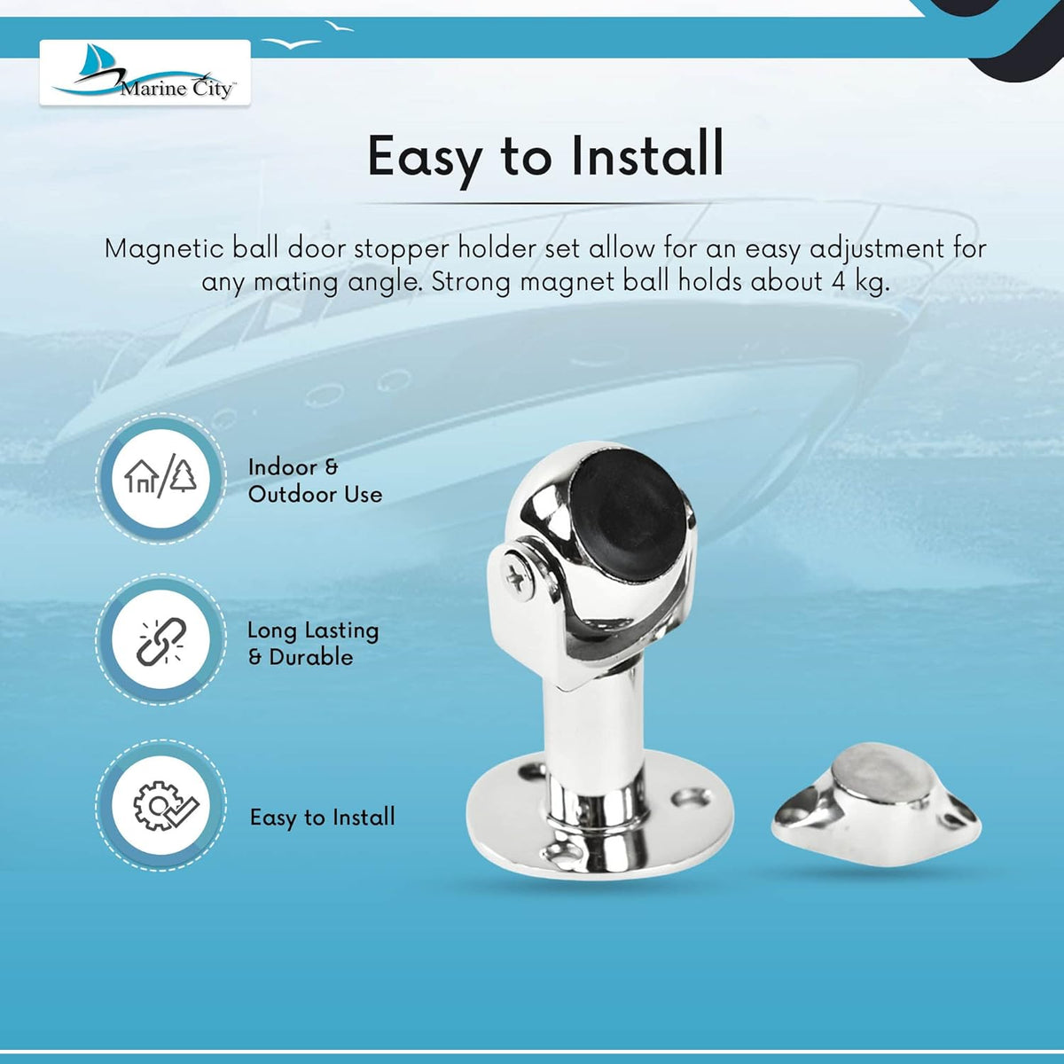 MARINE CITY Magnetic Ball Door Window Stopper Set, 316 Stainless Steel, Corrosion-Resistant, Holds