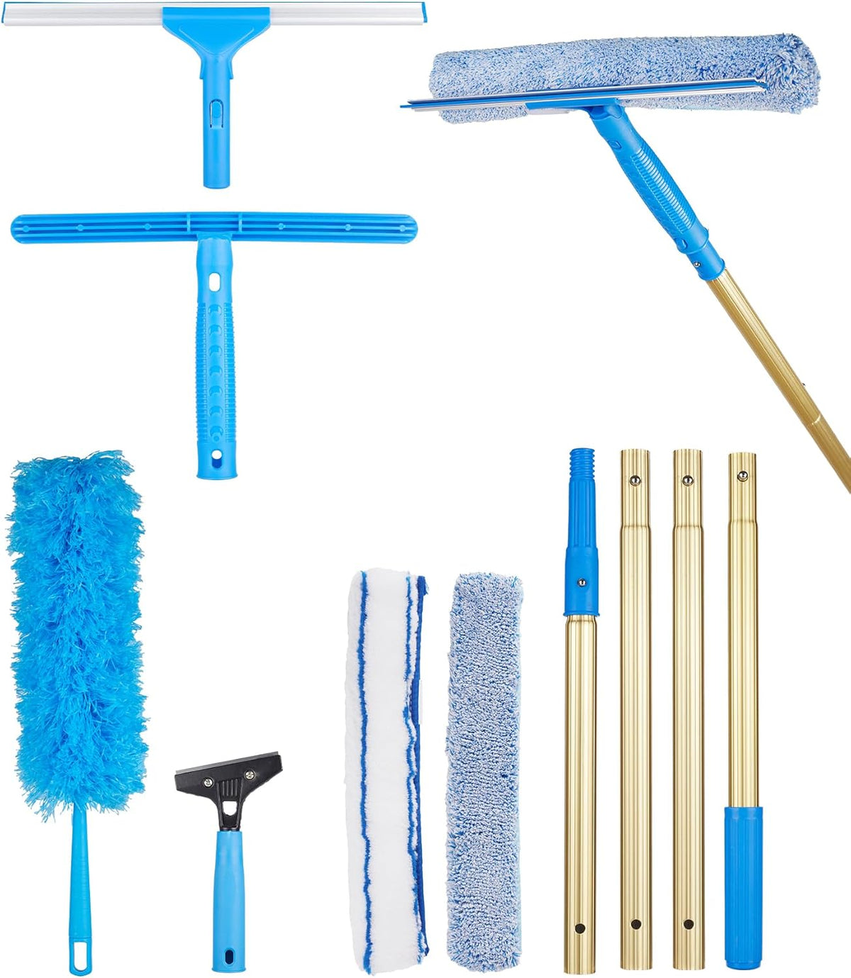 2 in 1 Window Squeegee Cleaning Kit with Aluminum Alloy Extension Poles, Scrubber, Glass Scrapper