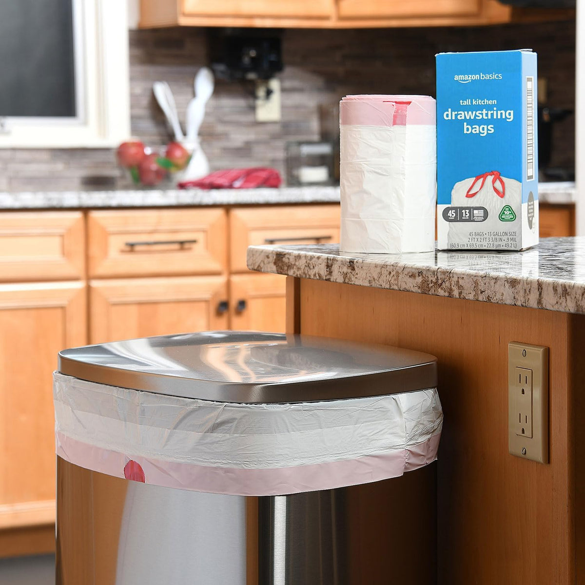 Amazon Basics 13 Gallon Tall Kitchen Drawstring Trash Bags, Unscented, 10% Post Consumer Recycled
