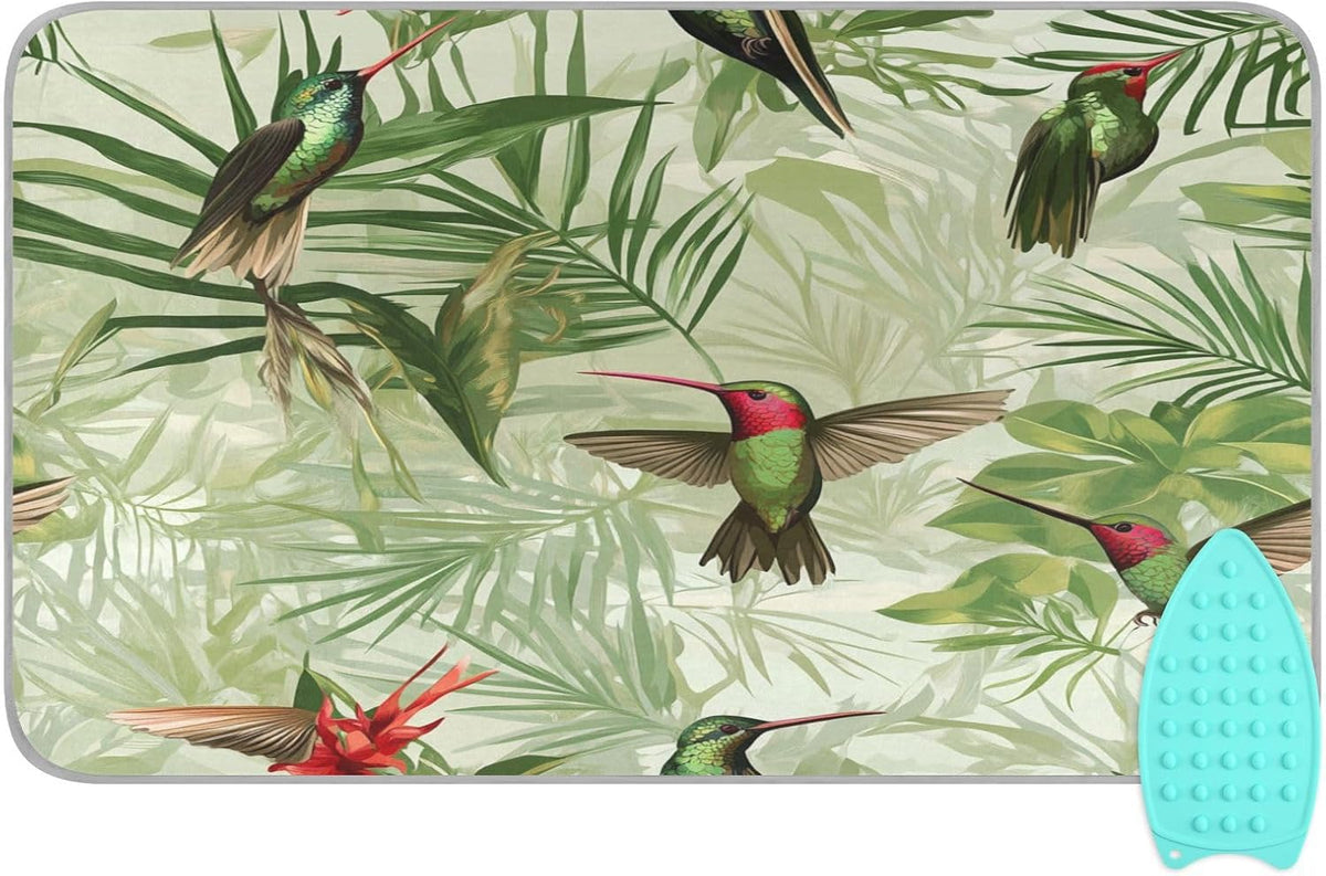 Green Anna Hummingbird and Palm Leaves Ironing Mat Thickened Ironing Blanket Travel Portable