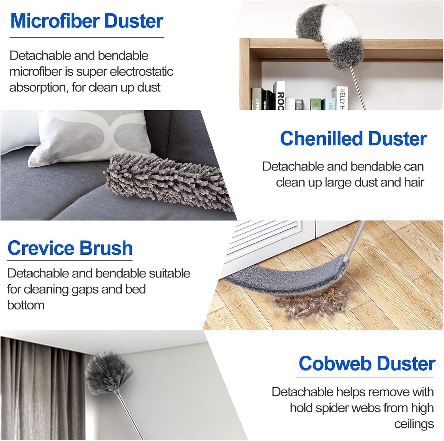 Microfiber Duster Kit (11PCS) - Washable Dusters with Extension Pole (30 to 100 in) for Cleaning