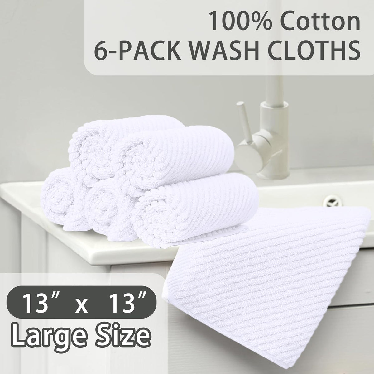 White Washcloths for Bathroom (6PC, 13"x13") - Cotton | Quick Dry | Lightweight | Thick | Soft |