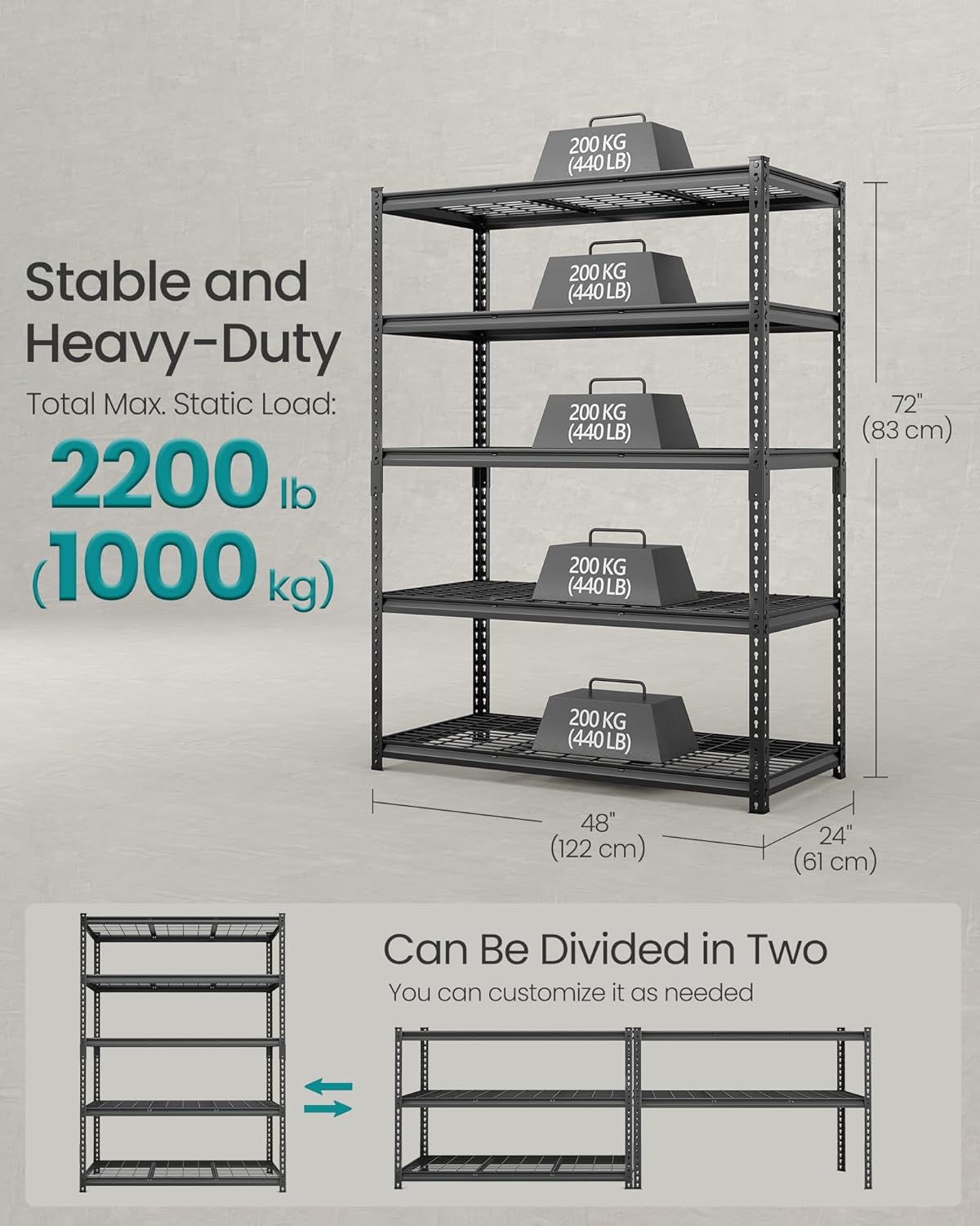 SONGMICS 5-Tier Storage Shelves, Heavy-Duty Garage Shelving, Adjustable Shelving Unit, Steel Shelf
