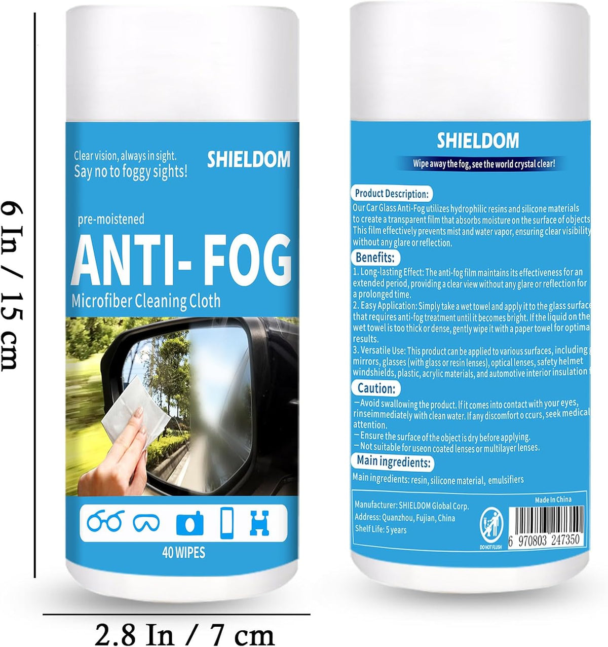 Glass Anti-Fog Wipes Pre-moistened Defogger to Prevent Fogging on Bathroom Mirror, Shower Door, Car