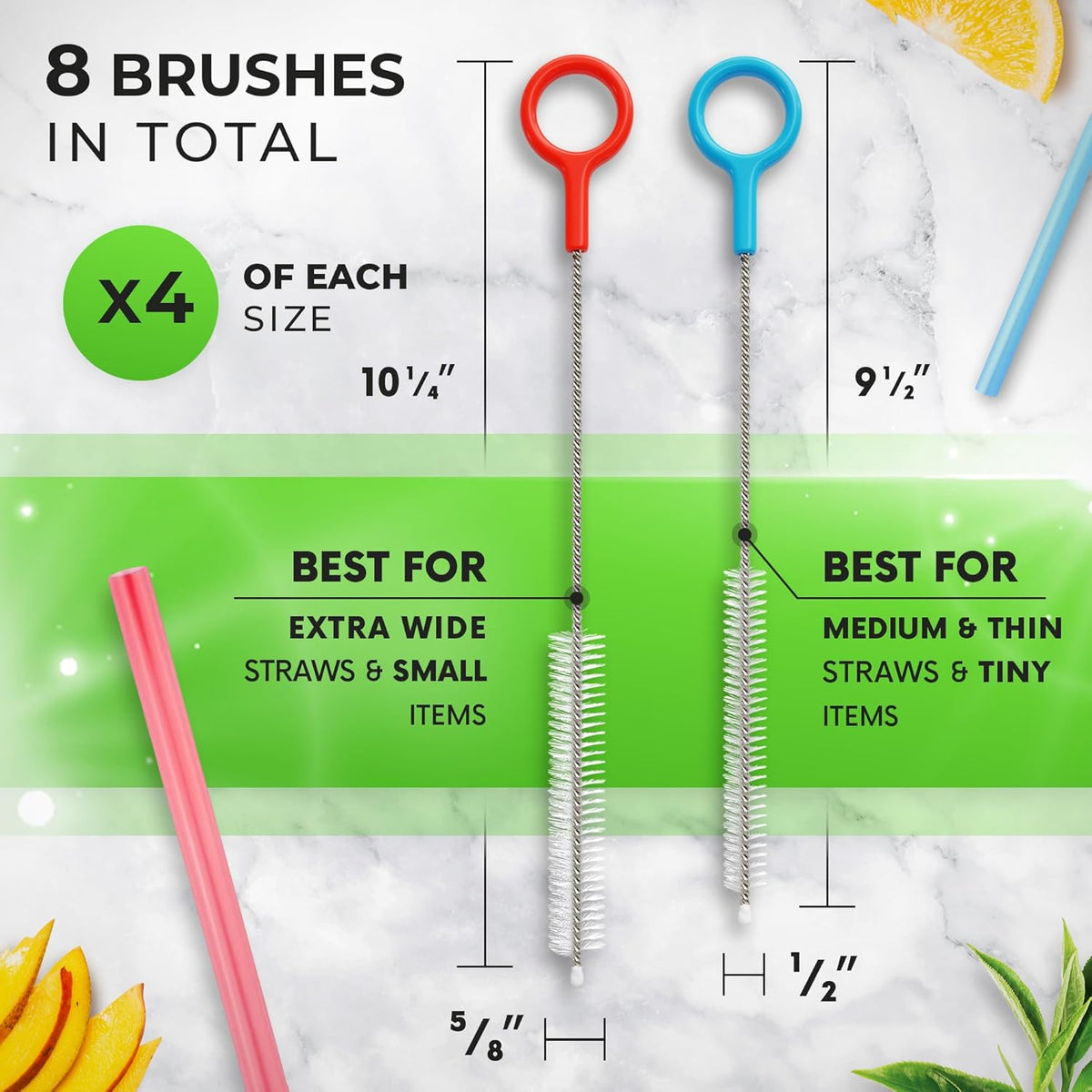Heavy Duty Cleaning Brushes Set of 8 - Extra Long Straw Cleaners for Metal and Plastic Reusable