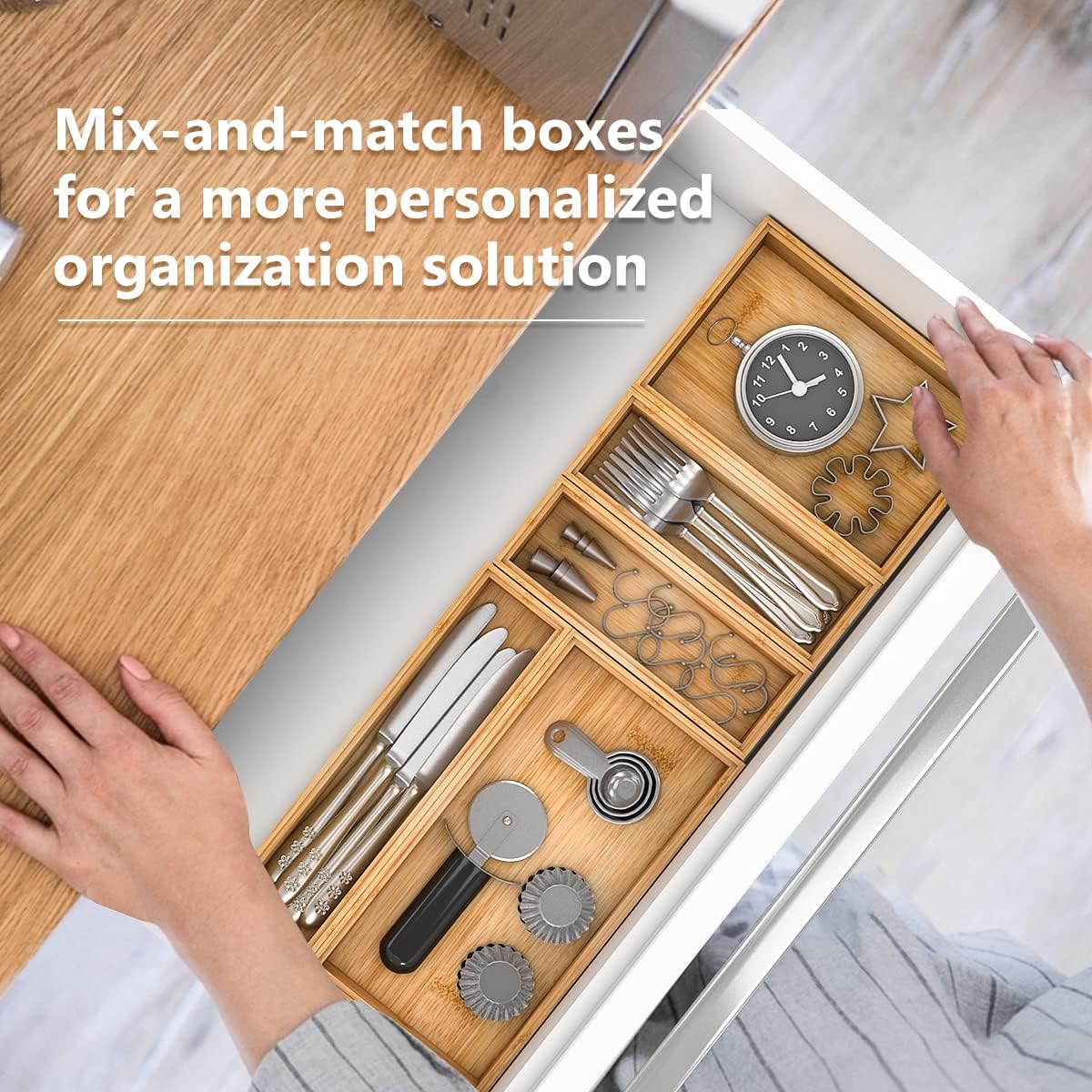 Bamboo Kitchen Drawer Organizer,Stackable Silverware Tray Utensil Organizer Cutlery Holder for