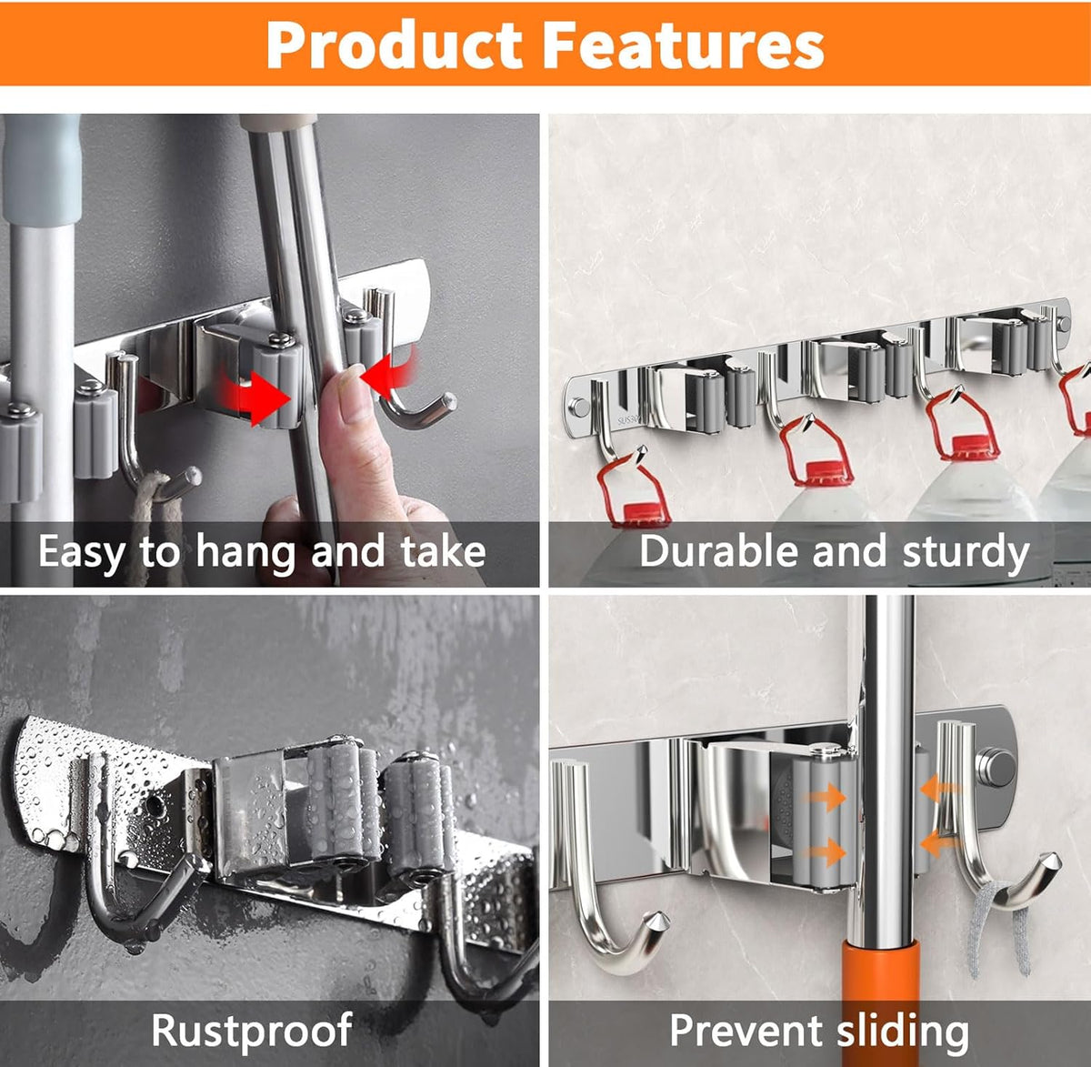 2 Pack Mop and Broom Holder Wall Mount, Non-slip Broom Hanger Wall Mount, Heavy Duty Mop Broom