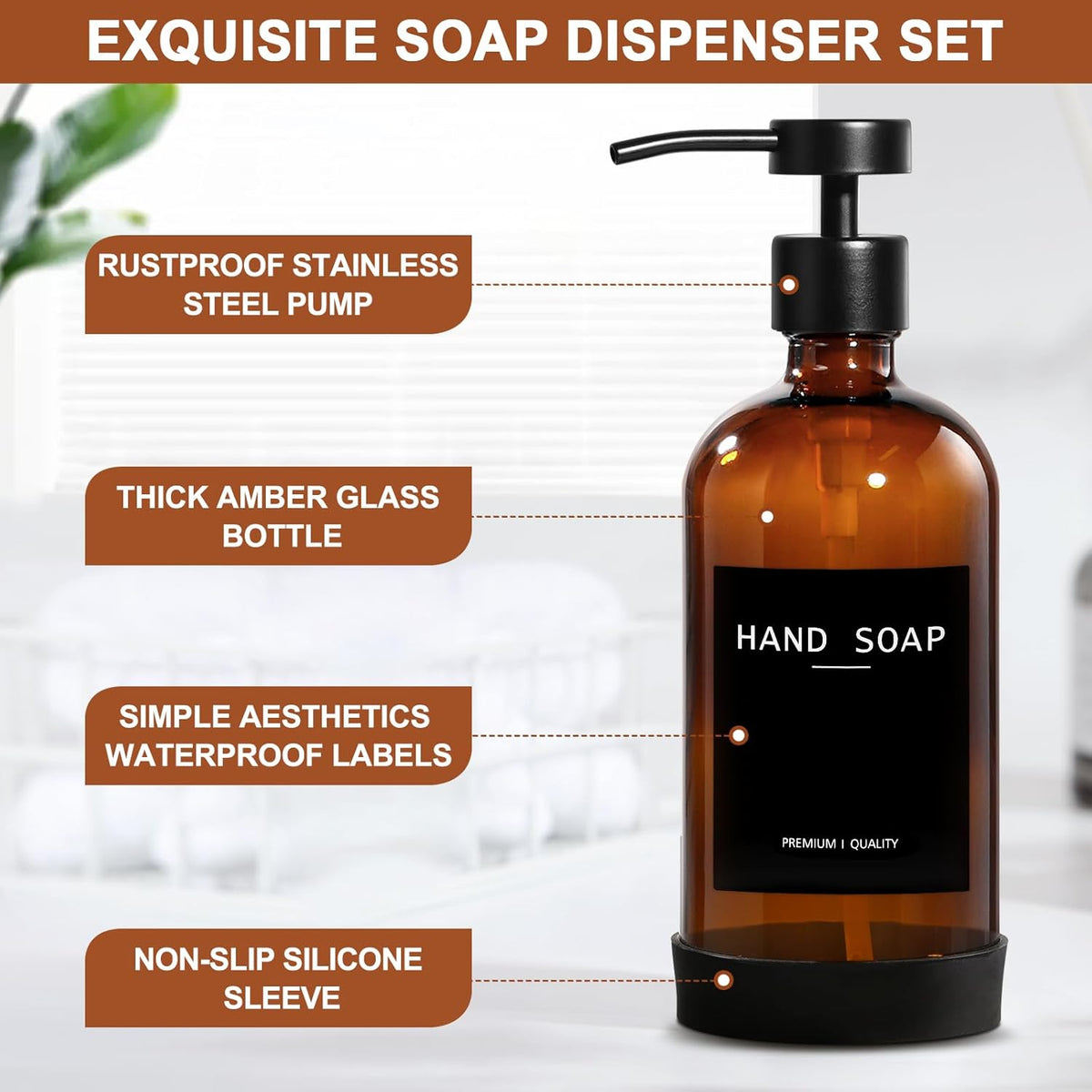 Amber Glass Soap Dispenser 2 Pack, Hand Soap Dispenser Bathroom with Stainless Steel Pump, 16.9 Fl