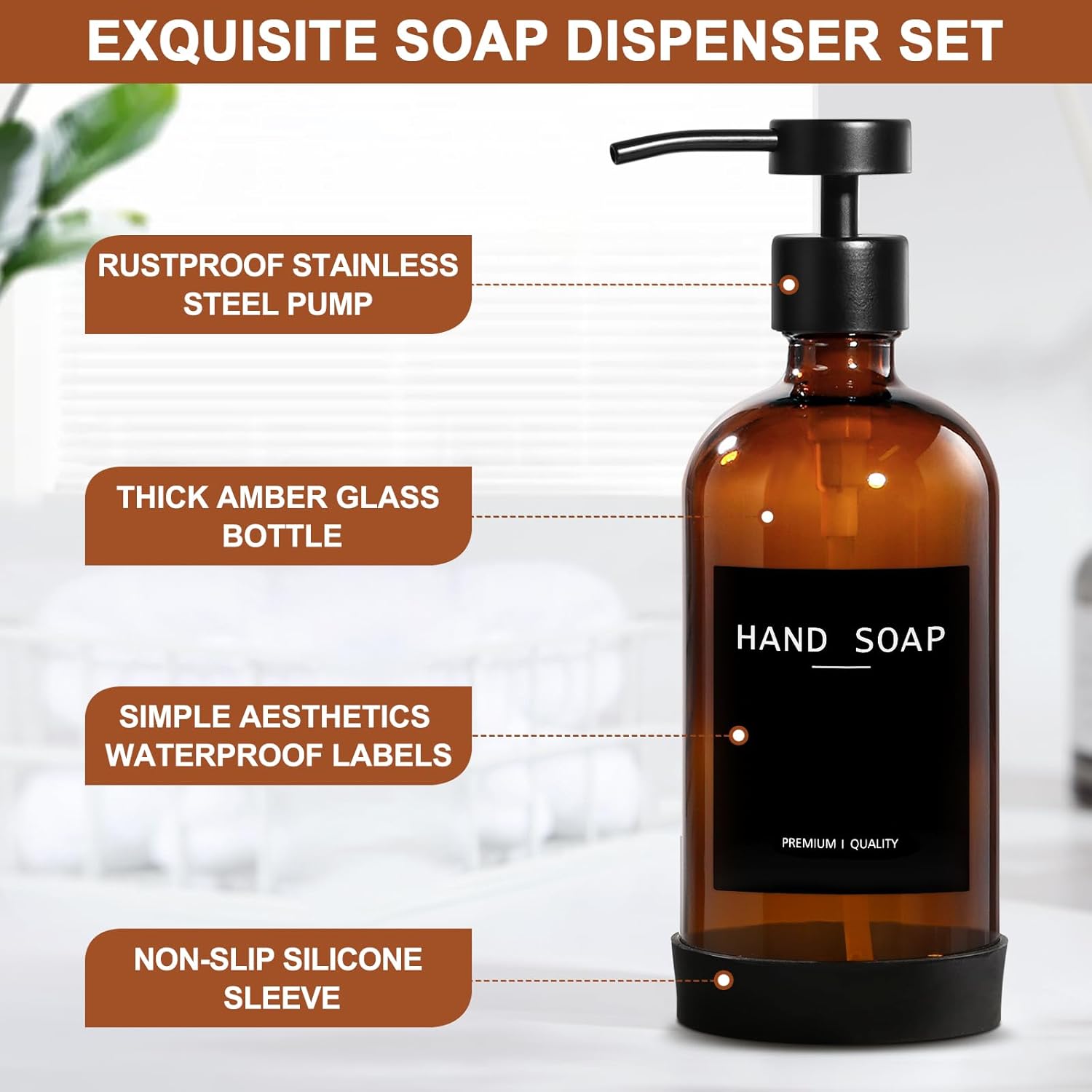 Amber Glass Soap Dispenser 2 Pack, Hand Soap Dispenser Bathroom with Stainless Steel Pump, 16.9 Fl