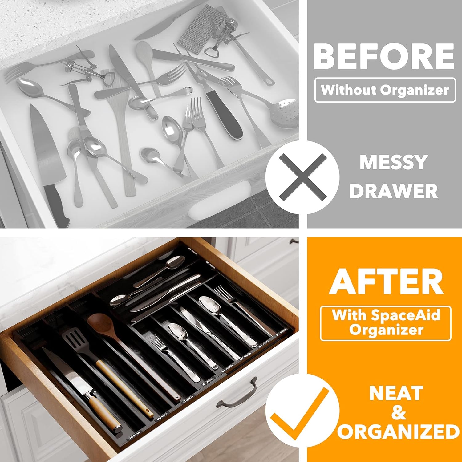 SpaceAid Bamboo Silverware Drawer Organizer with Labels, Kitchen Utensil Expandable Tray Holder