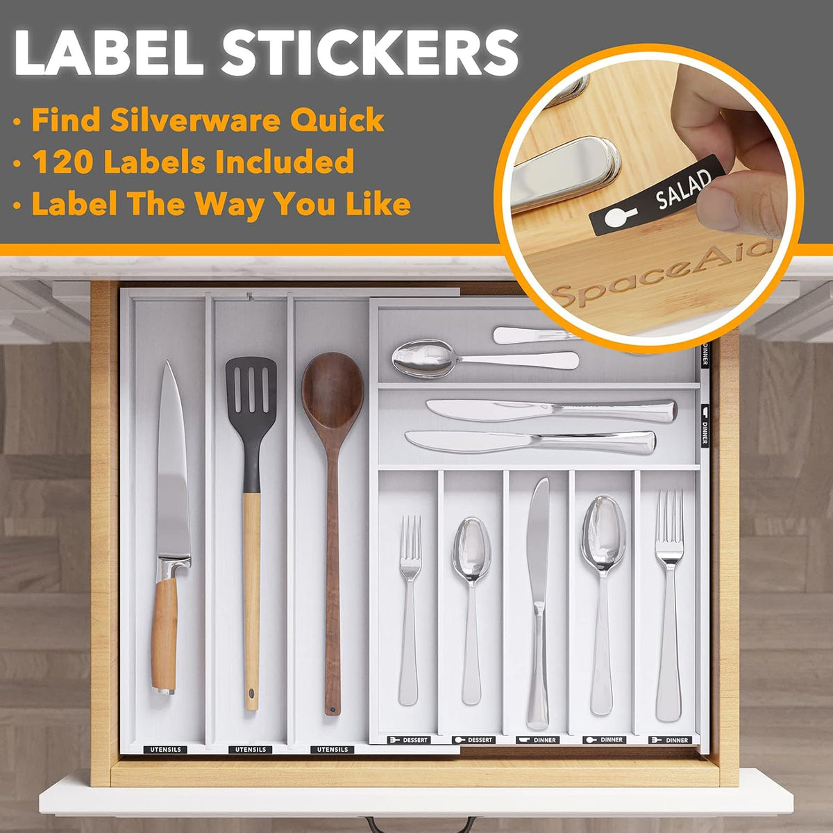 SpaceAid Bamboo Silverware Drawer Organizer with Labels, Kitchen Utensil Expandable Tray Holder