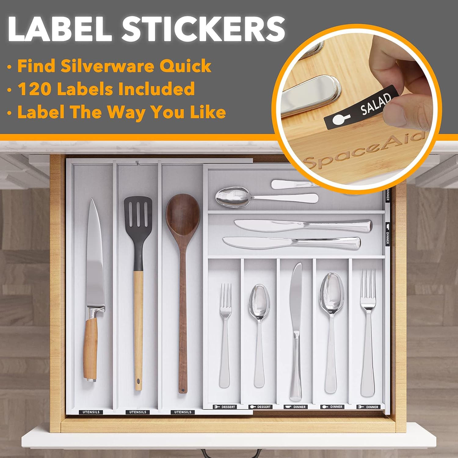 SpaceAid Bamboo Silverware Drawer Organizer with Labels, Kitchen Utensil Expandable Tray Holder
