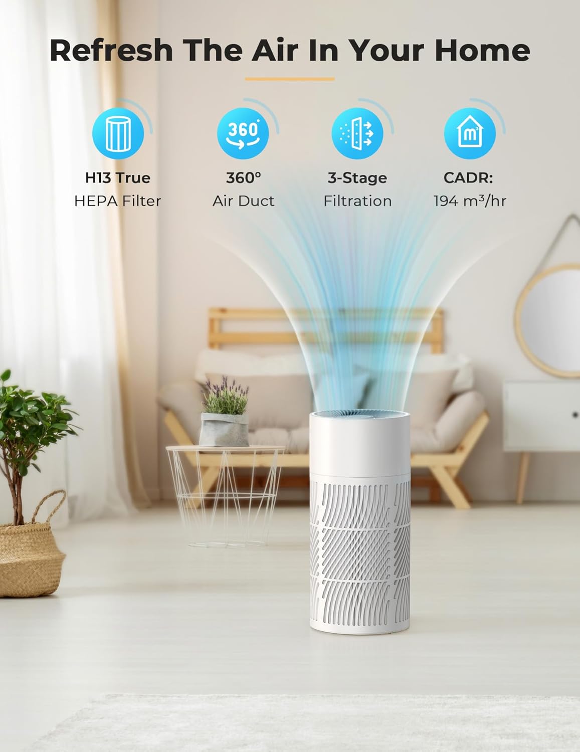 Nuwave Oxypure Air Purifiers 3XL H13 HEPA Filter for Home Bedroom, 17dB, 360° Air Intake, Removal