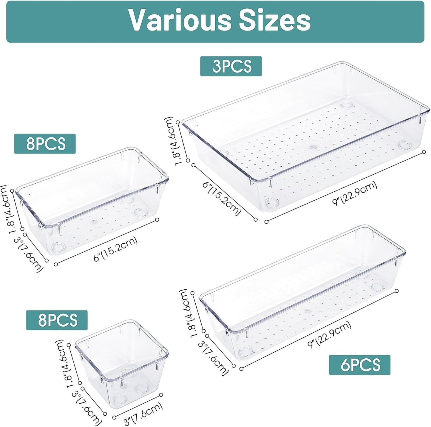 WOWBOX 25 PCS Clear Plastic Drawer Organizer Set, 4 Sizes Desk Drawer Divider Organizers and