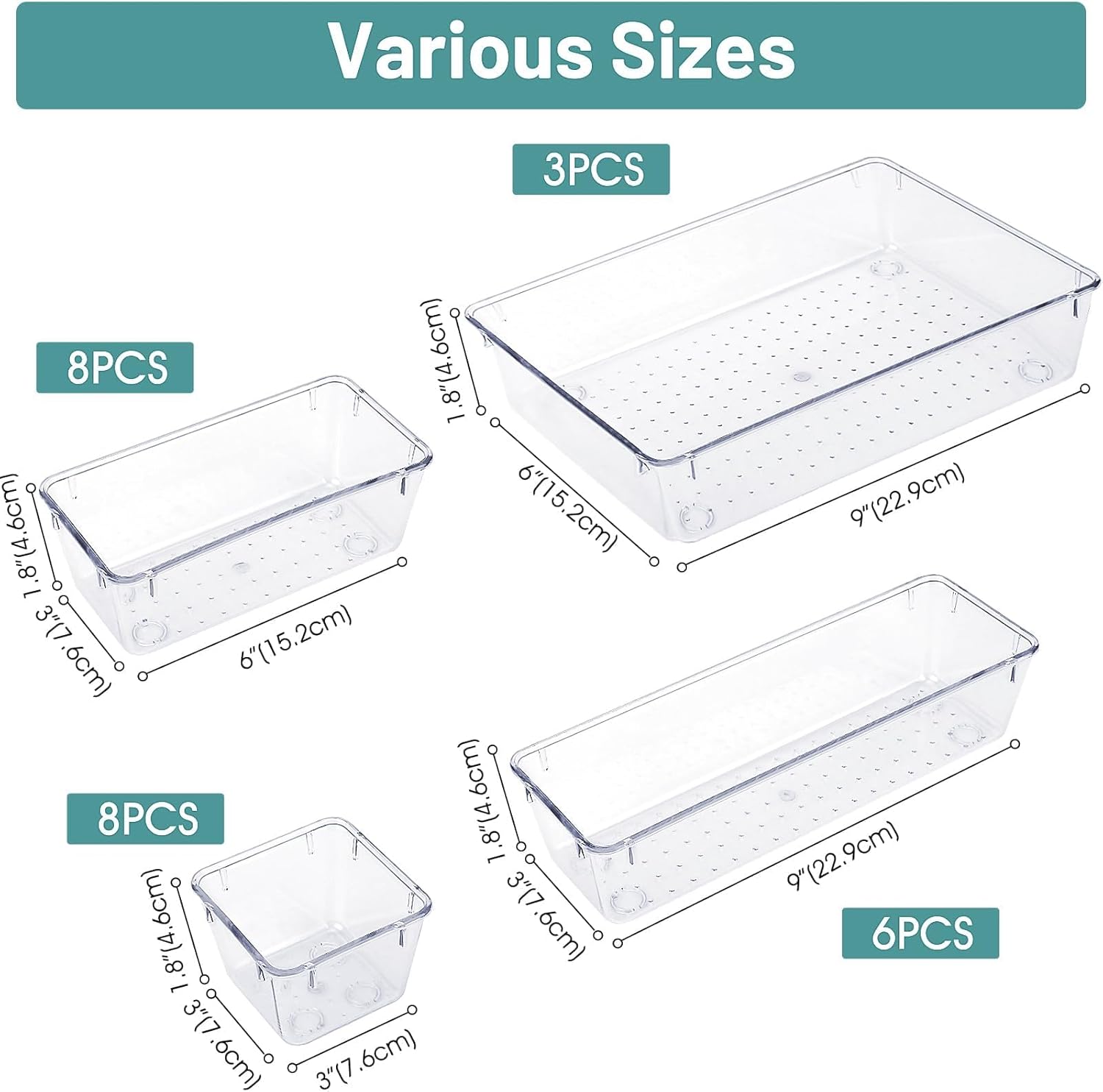 WOWBOX 25 PCS Clear Plastic Drawer Organizer Set, 4 Sizes Desk Drawer Divider Organizers and