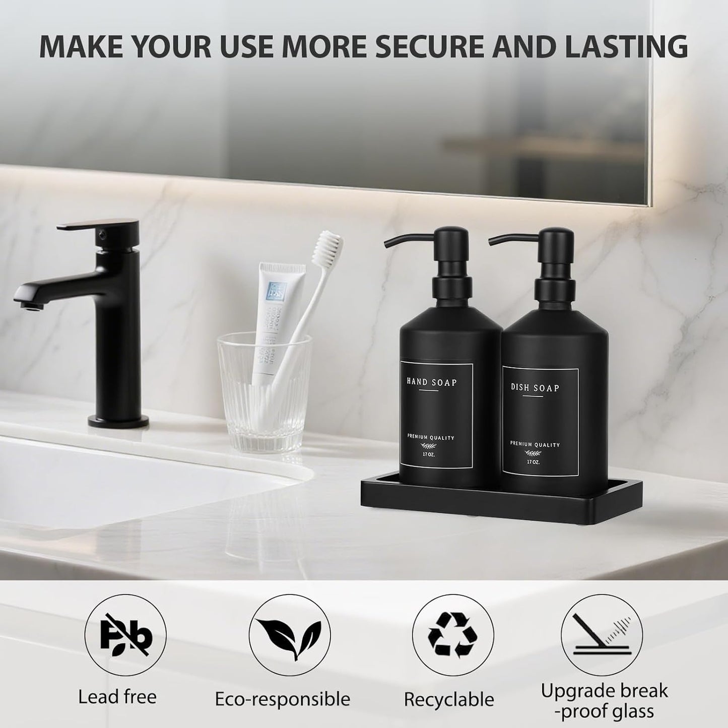 Matte Black Soap Dispenser Set, 17 OZ Hand and Dish Soap Dispenser Set, Bathroom Refillable Soap