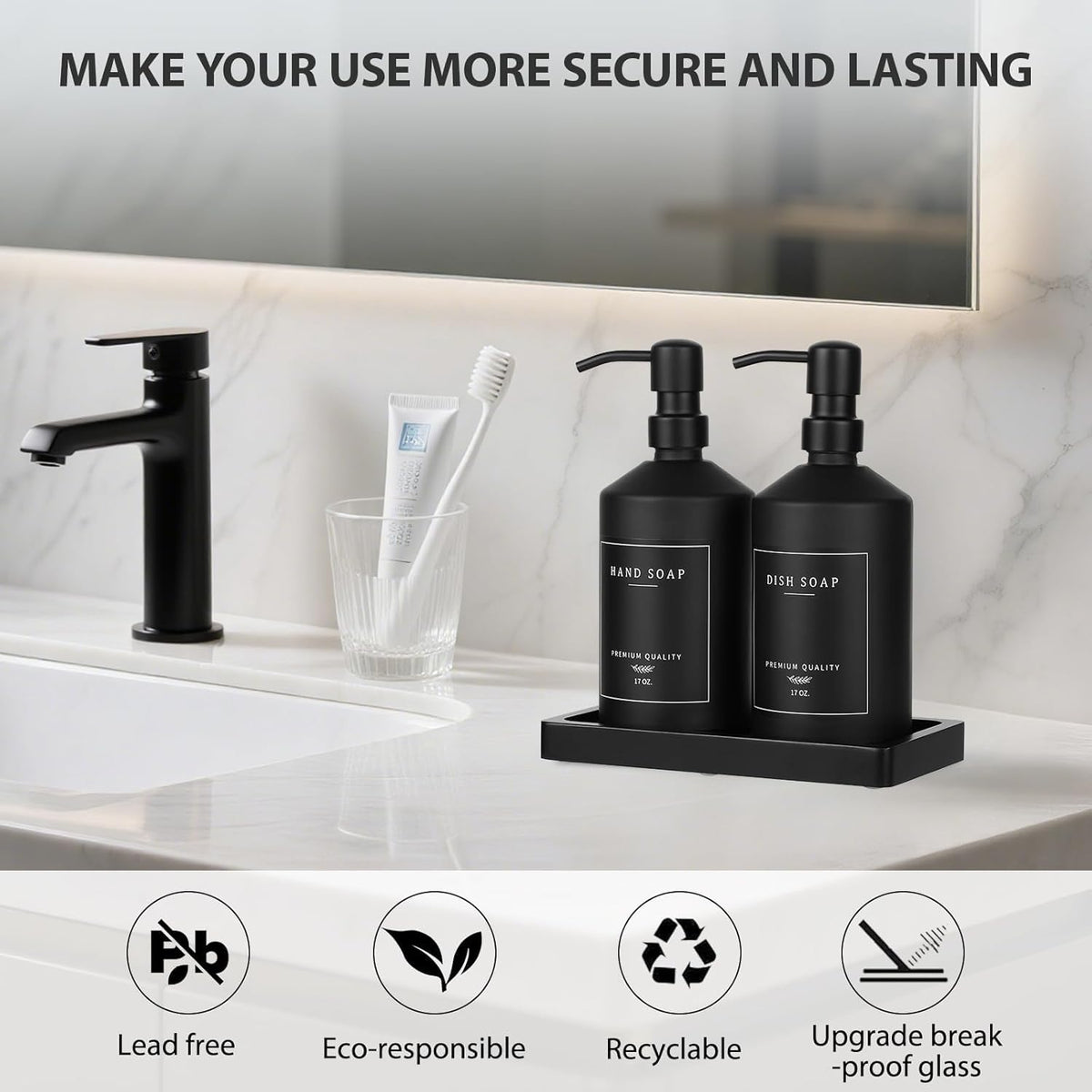 Matte Black Soap Dispenser Set, 17 OZ Hand and Dish Soap Dispenser Set, Bathroom Refillable Soap