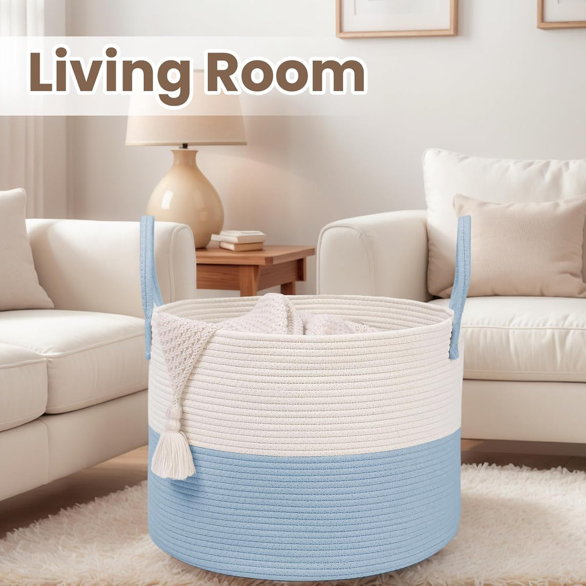 Woven Blanket Basket,115L Large Rope Storage Bin with Handles, Organizer for Blankets Toys Book and