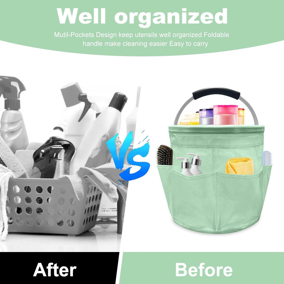 Qivine 17L Cleaning Caddy with Handle, Cleaning Supply Caddy Foldable Tool Bag Cleaning Products