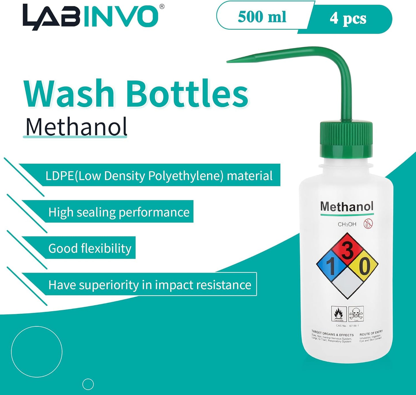 4pcs of Methanol Wash Bottles, Vol.500ml (17oz), Narrow Mouth, Self-Venting Safety Wash Bottles