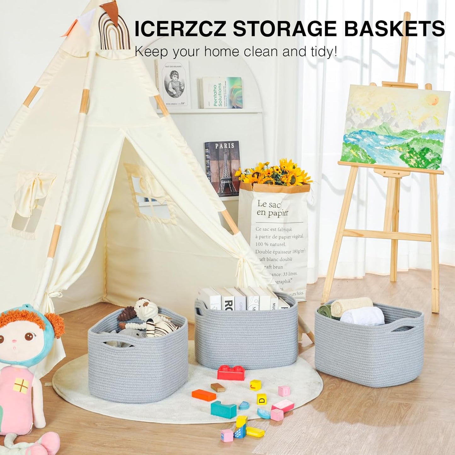 Storage Baskets for Organizing Shelves, Woven Cotton Rope Bins for Baby Nursery Organization, Book