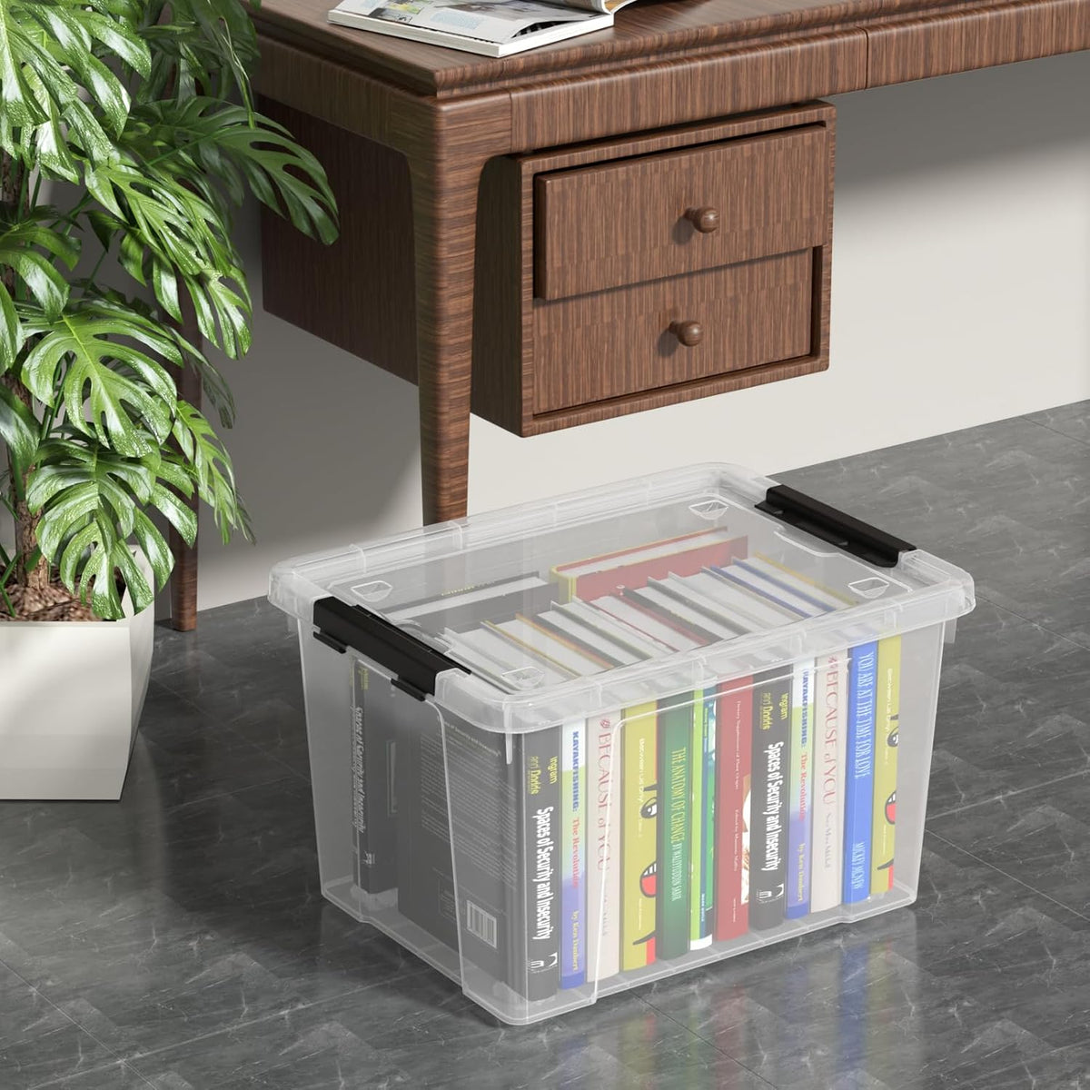 Set of 4 34 L Stackable Plastic Storage Bins with Latching Lids and Wheels, Clear Home Organization