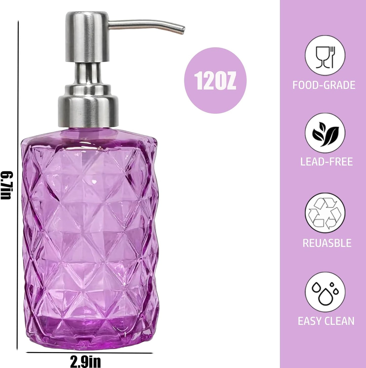 12Oz Purple Glass Soap Dispenser with Stainless Steel Pump, Refillable Kitchen Liquid Hand Soap