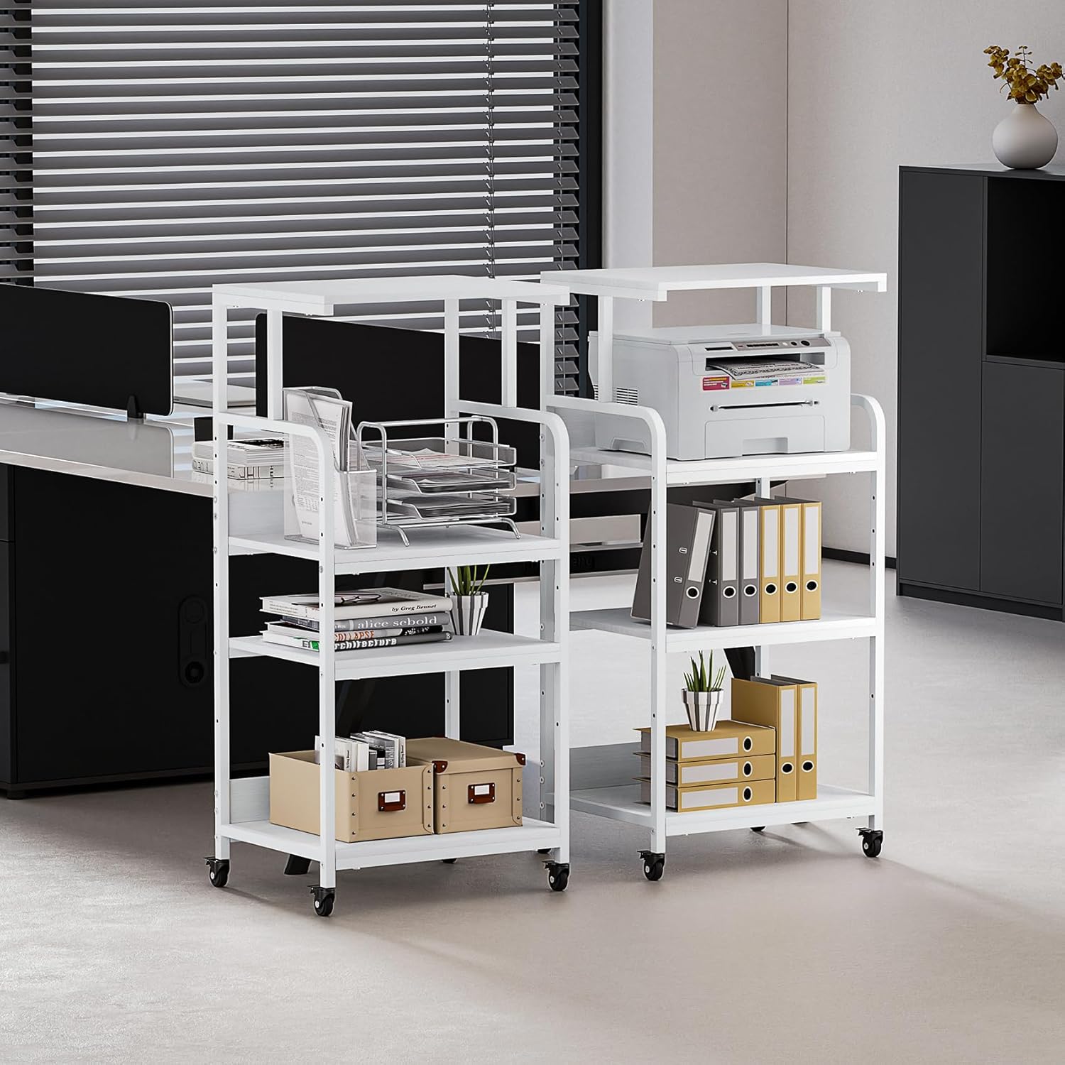 4 Tier White Printer Stand with Storage Shelf, Large Tall Printer Table for Home Office, Rolling