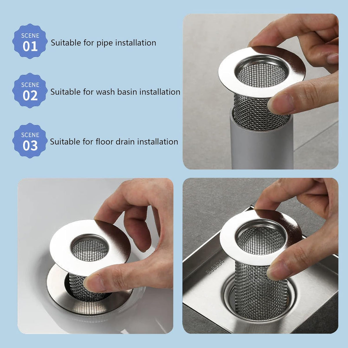 Resdenio Bathroom Sink Drain Strainer Stainless Steel, 2 Pack Floor Drain Filter Mesh Basket Filter