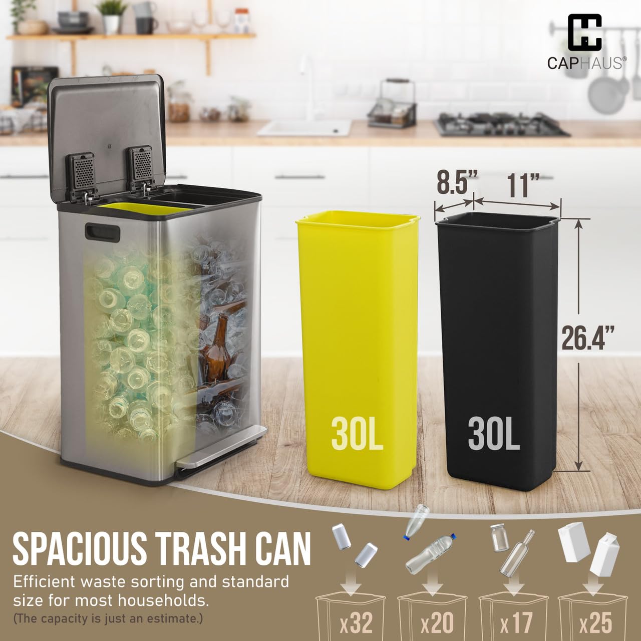 CAPHAUS Black Dual Trash Can w/Single Lid, Trash & Recycle Bins Combo, Hands-Free Stainless-Steel