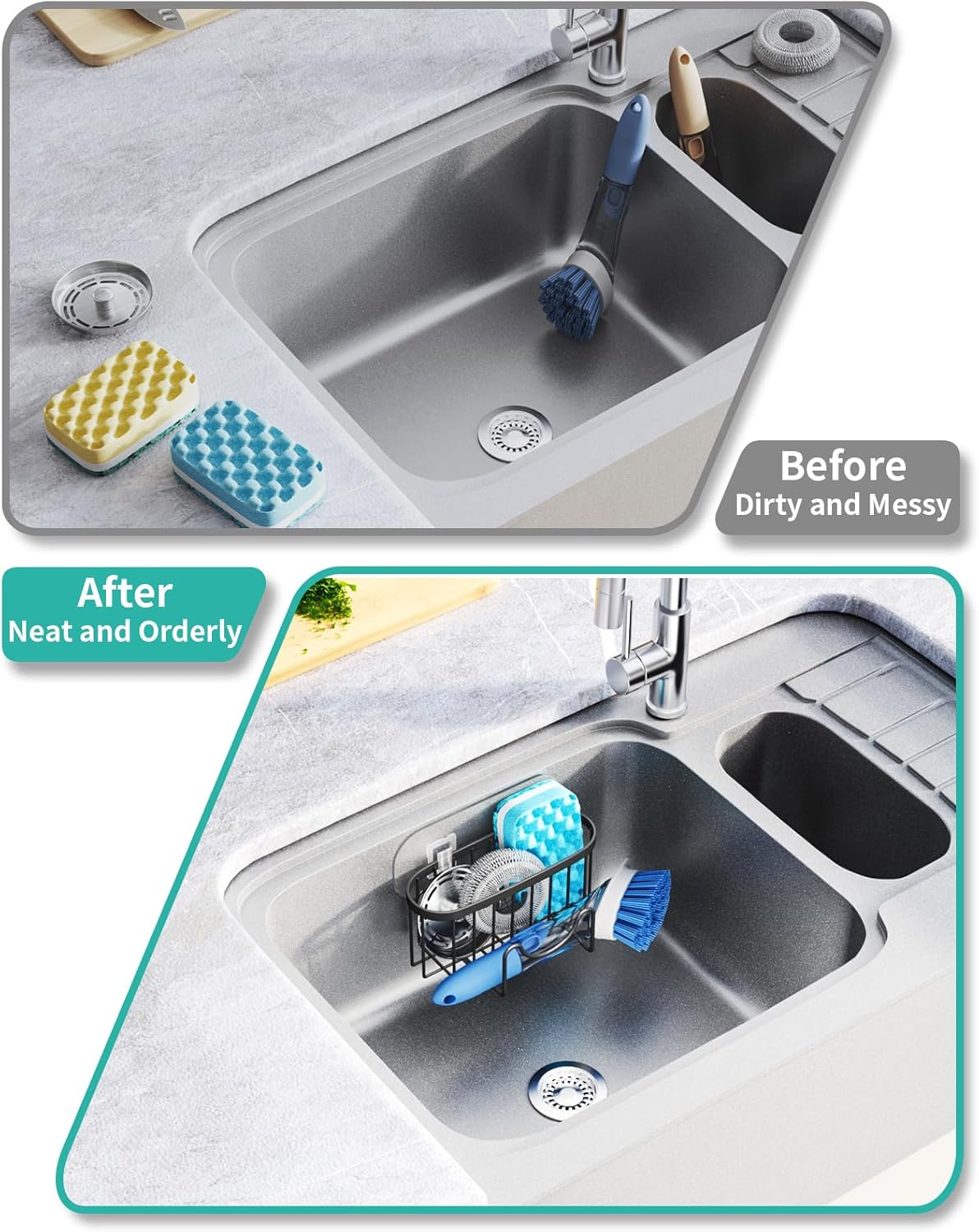 HapiRm Multifunctional Sponge Holder with Unique M-Shaped, 2 Installation Methods Kitchen Sink