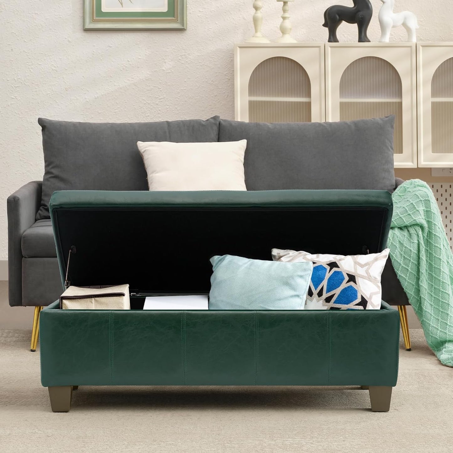 Green Faux Leather Ottoman with Storage, Rectangular Extra Long Storage Bench for Bedroom and