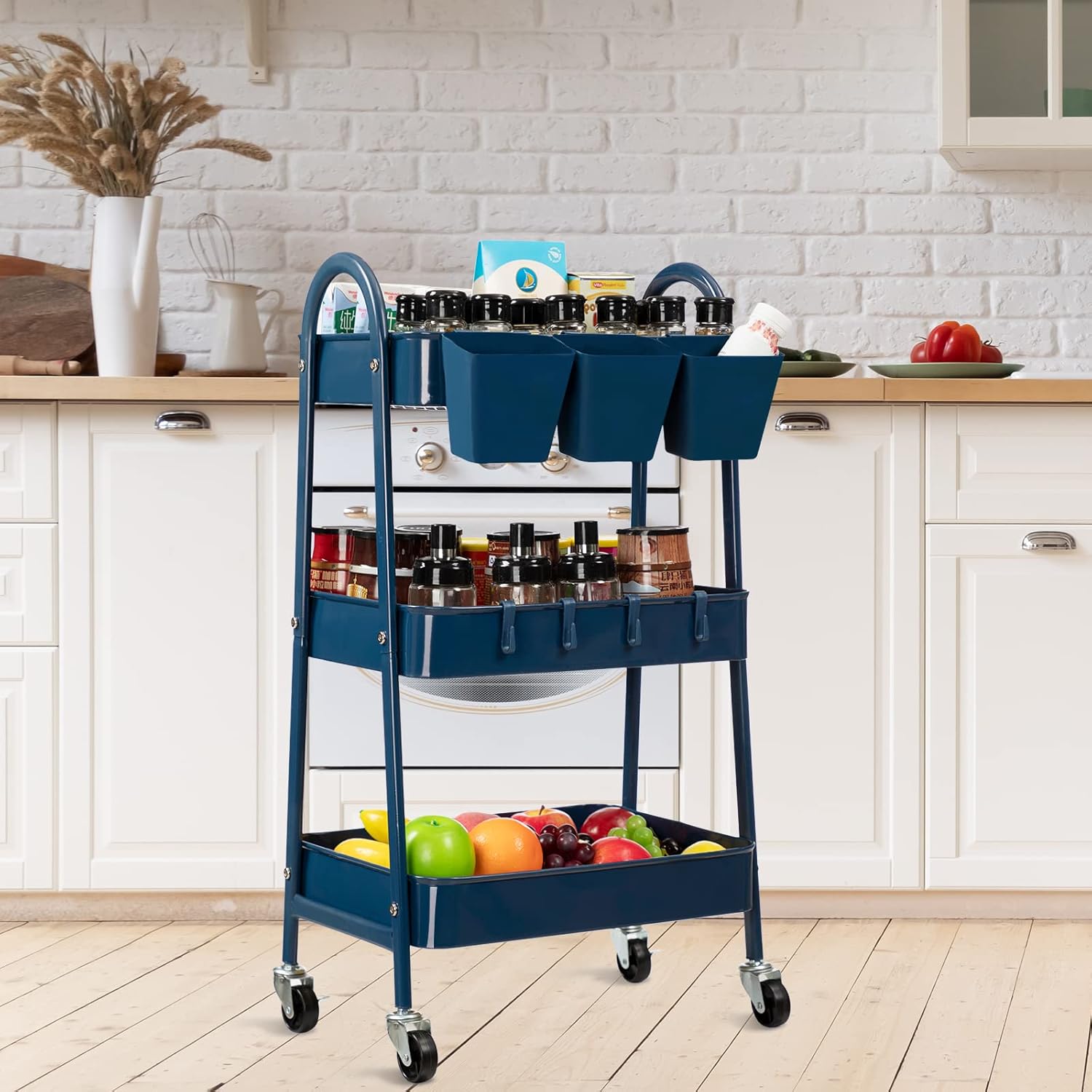 danpinera 3-Tier Rolling Cart, Metal Rolling Storage Cart with Lockable Wheels & Hanging Cups &