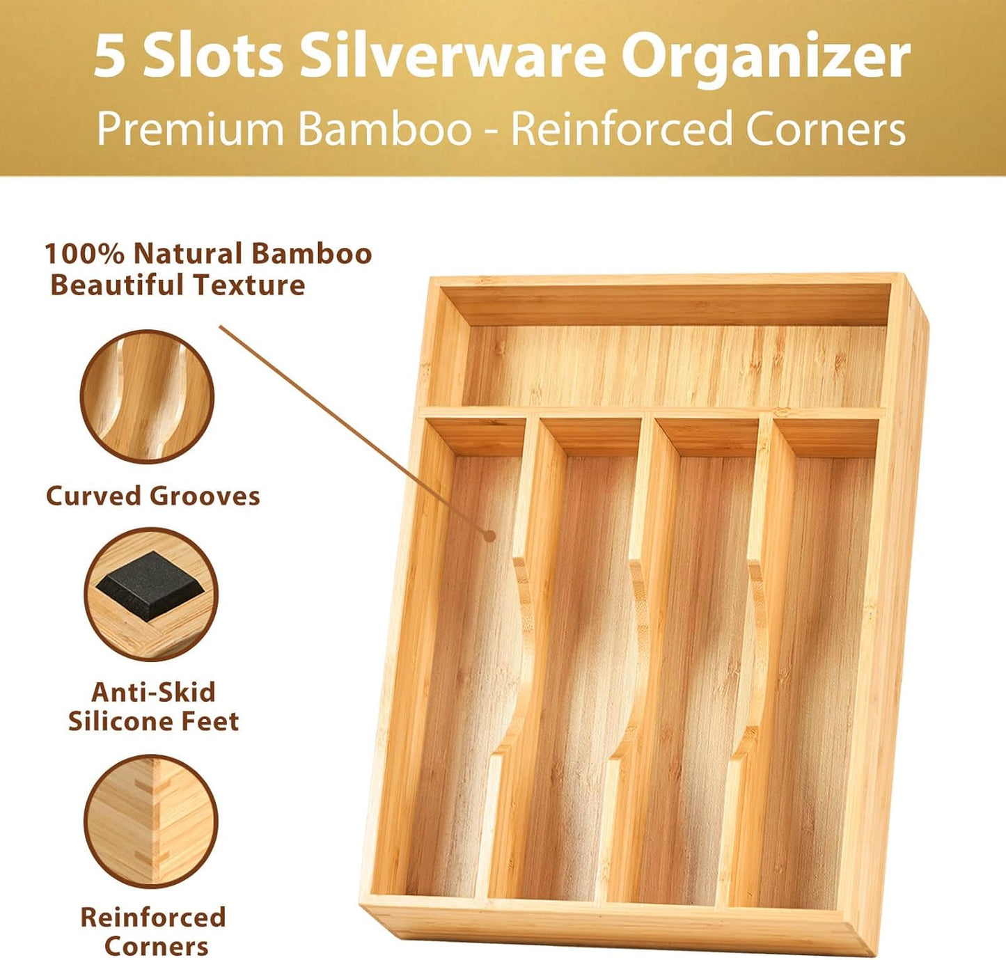 Umilife Bamboo Kitchen Drawer Organizer, 9 Inch Silverware Utensils Tray Holder for Small Drawer