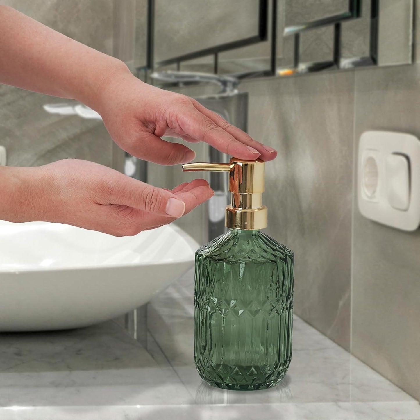Glass Soap Dispenser Green Bottle Gold Plastic Pump Refillable Kitchen Sink Countertop Hand Dish