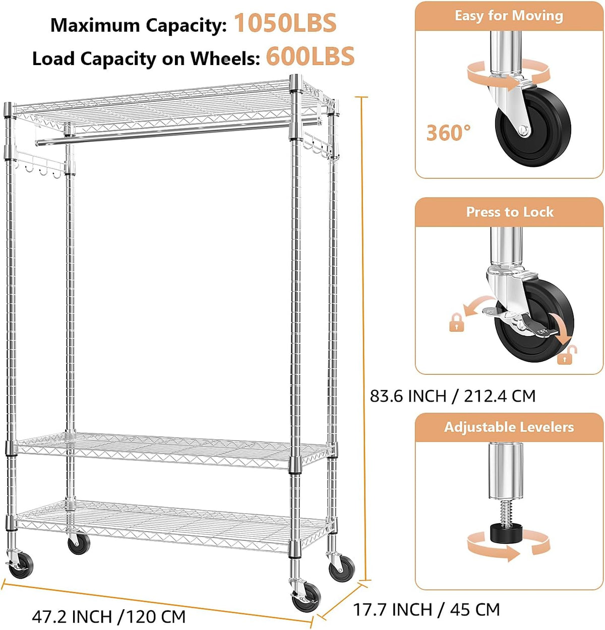 Heavy Duty Rolling Garment Rack 3 Tiers Adjustable Wire Shelving Clothes Rack with Rods and Side