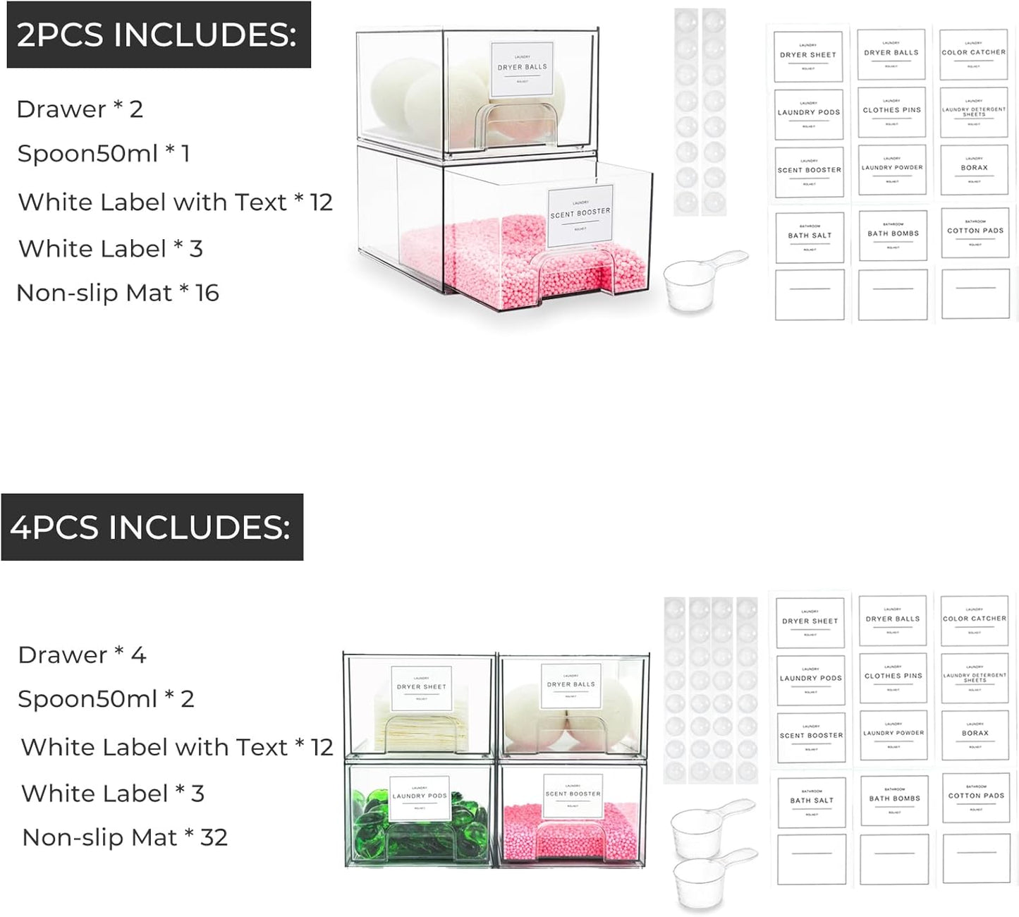 4 Pack Laundry Room Organization Storage Drawers with Labels, Clear Stackable Dryer Sheet Holder