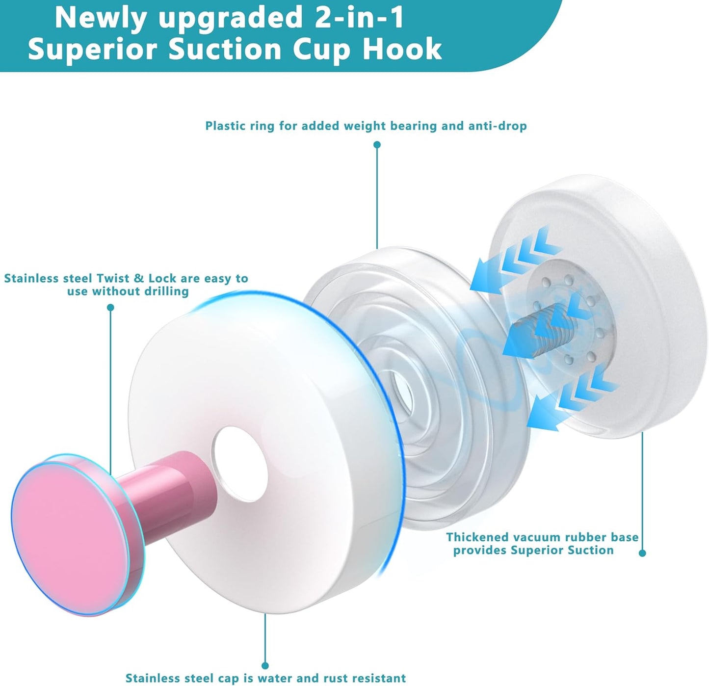 Suction Cup Hooks for Shower,Removable No Drill Towel Hooks,Upgraded 15 lbs Strong Suction hooks