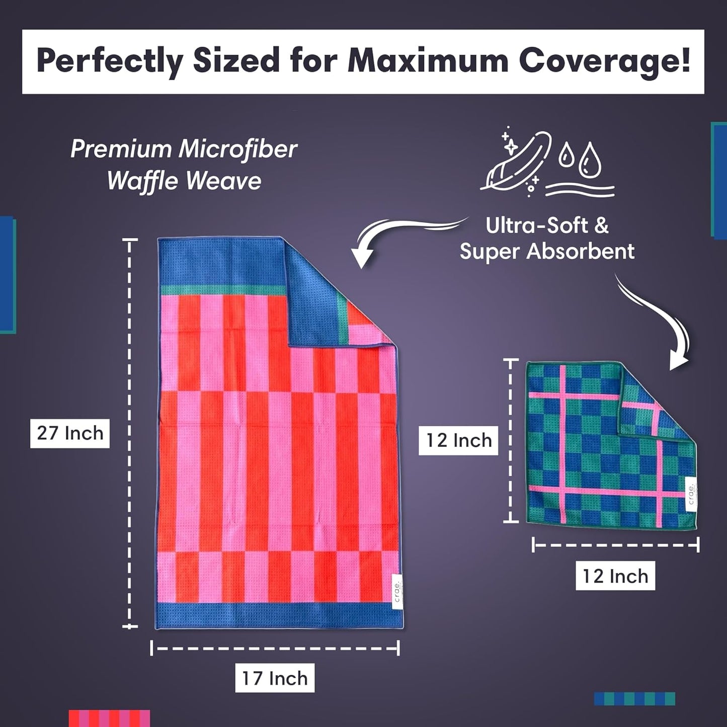 Microfiber Hand Towel & Washcloth Set of 2 - Double-Sided, Waffle Weave, Super Absorbent