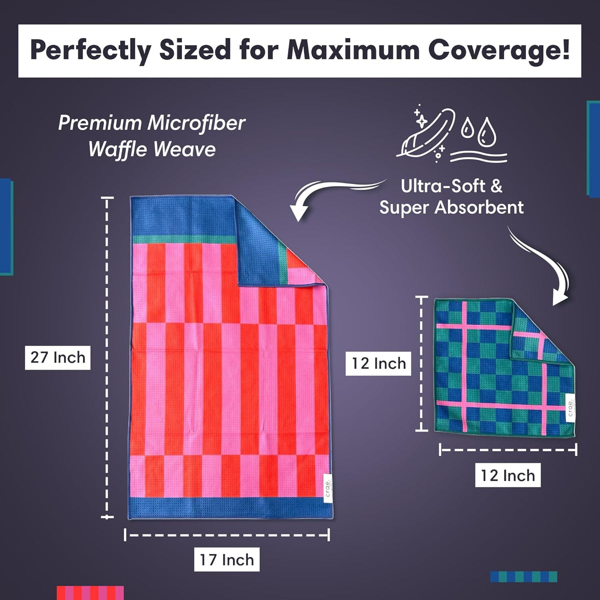 Microfiber Hand Towel & Washcloth Set of 2 - Double-Sided, Waffle Weave, Super Absorbent